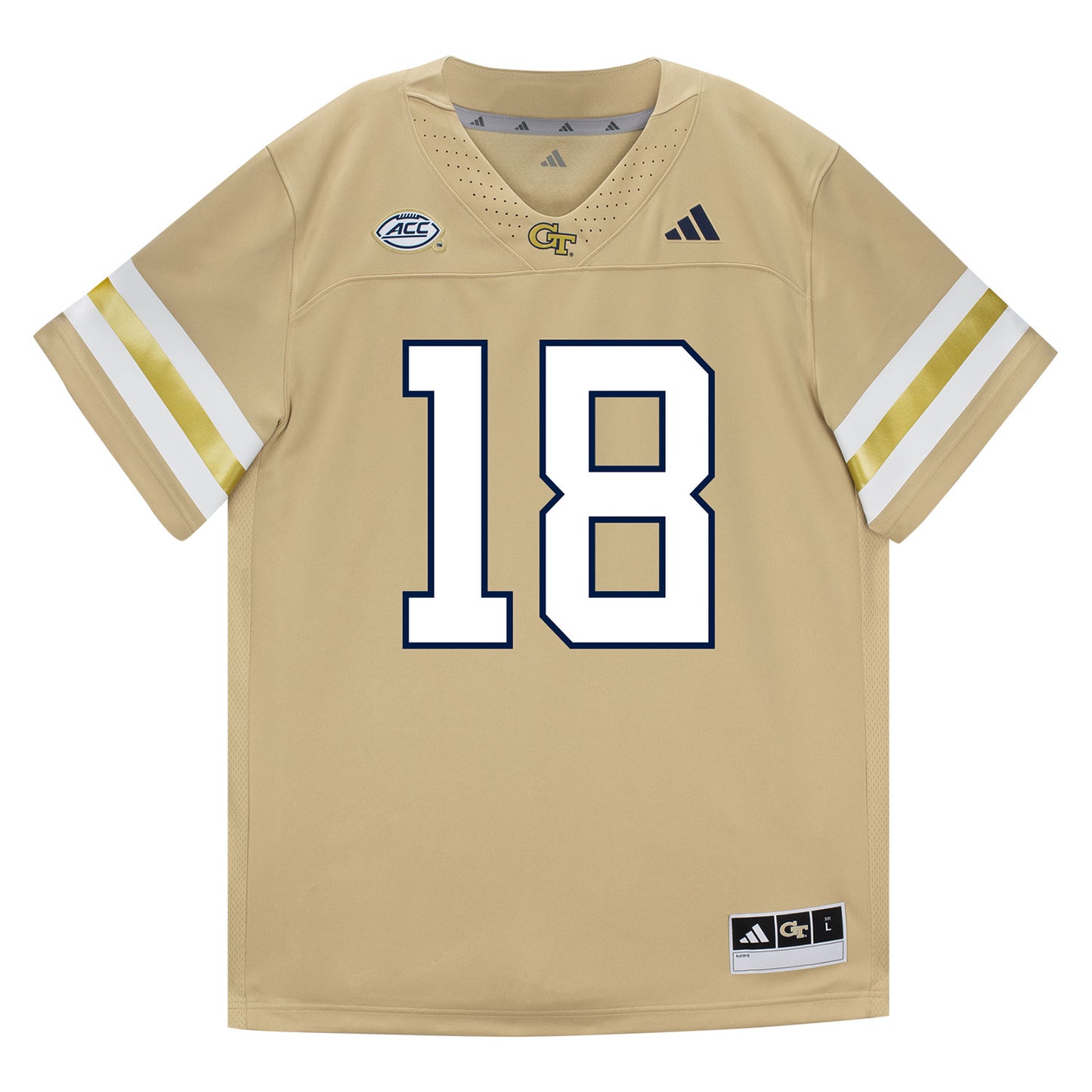 Georgia Tech Adidas Football Student Athlete #18 Troy Stevenson IV Premier Gold Football Jersey - Front View