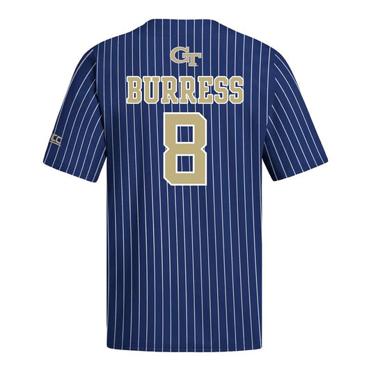 Georgia Tech Adidas Baseball Student Athlete #8 Drew Burress Pinstripe Jersey - Back View