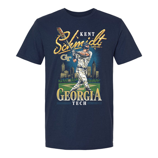 Georgia Tech Baseball Student Athlete Comic Hot Dog Bat T-Shirt #10 Kent Schmidt - Front View