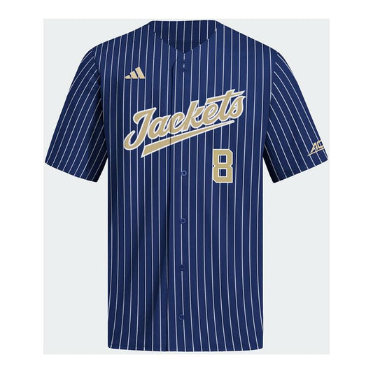 Georgia Tech Adidas Baseball Student Athlete #8 Drew Burress Pinstripe Jersey - Front View