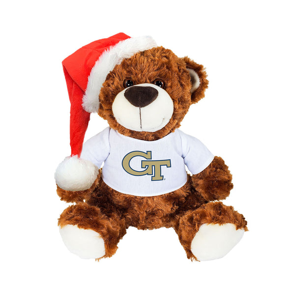 Georgia Tech Bella Holiday Brown Bear in White Tee and Red Santa Hat - Front View