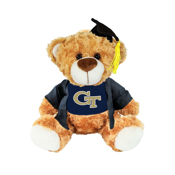 Georgia Tech Fred Graduation Brown Bear in Navy Tee and Black Grad Cap and Gown - Front View