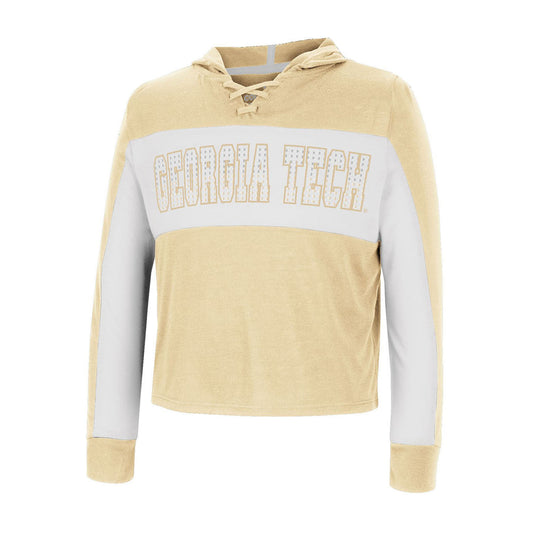 Girls Georgia Tech Yellow Jackets Lace Up Hooded Long Sleeve Gold T-Shirt - Front View