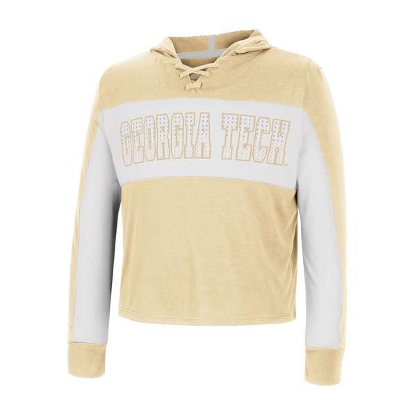 Girls Georgia Tech Yellow Jackets Lace Up Hooded Long Sleeve Gold T-Shirt - Front View