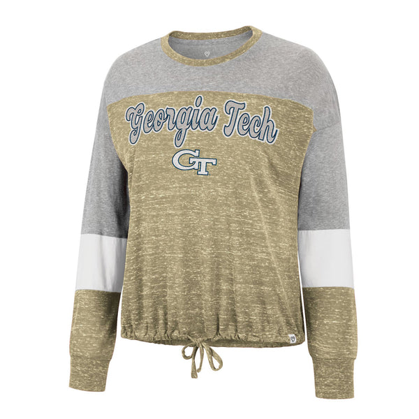 Ladies Georgia Tech Yellow Jackets Joanna Tie Front Long Sleeve Gold T-Shirt - Front View