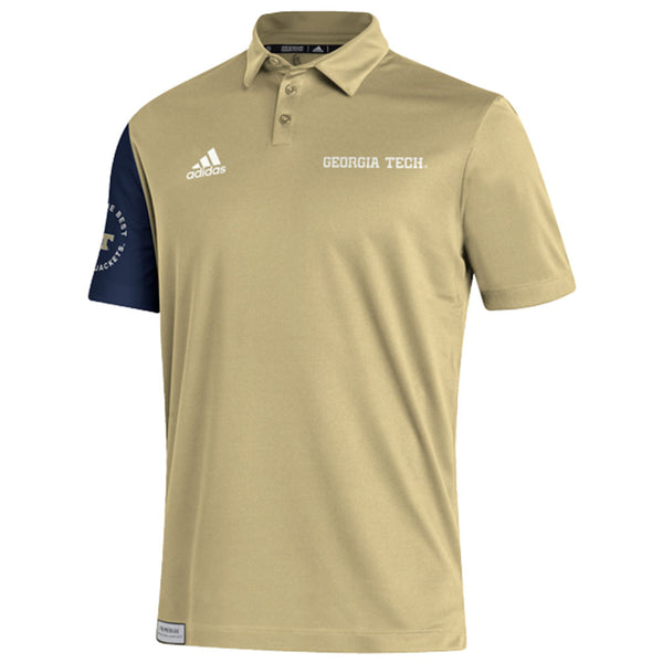 Georgia Tech Yellow Jackets Adidas Stadium Training Polo in Sand and Navy - Front View