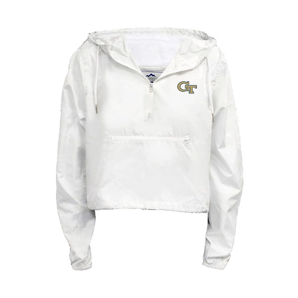 Ladies Georgia Tech Yellow Jackets White Crop Packable 1/4 Zip Rain Jacket - Front View