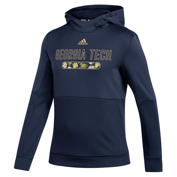 Ladies Georgia Tech Adidas Floral Outline Hooded Sweatshirt in Navy - Front View