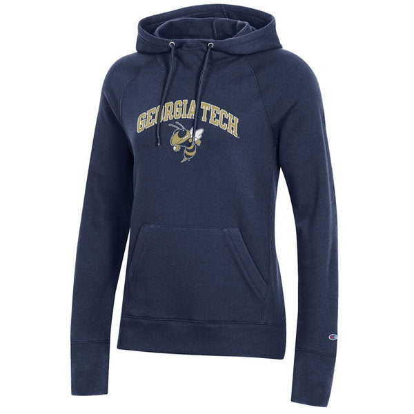 Ladies Georgia Tech Curved Yellow Jacket Hooded Sweatshirt in Navy - Front View