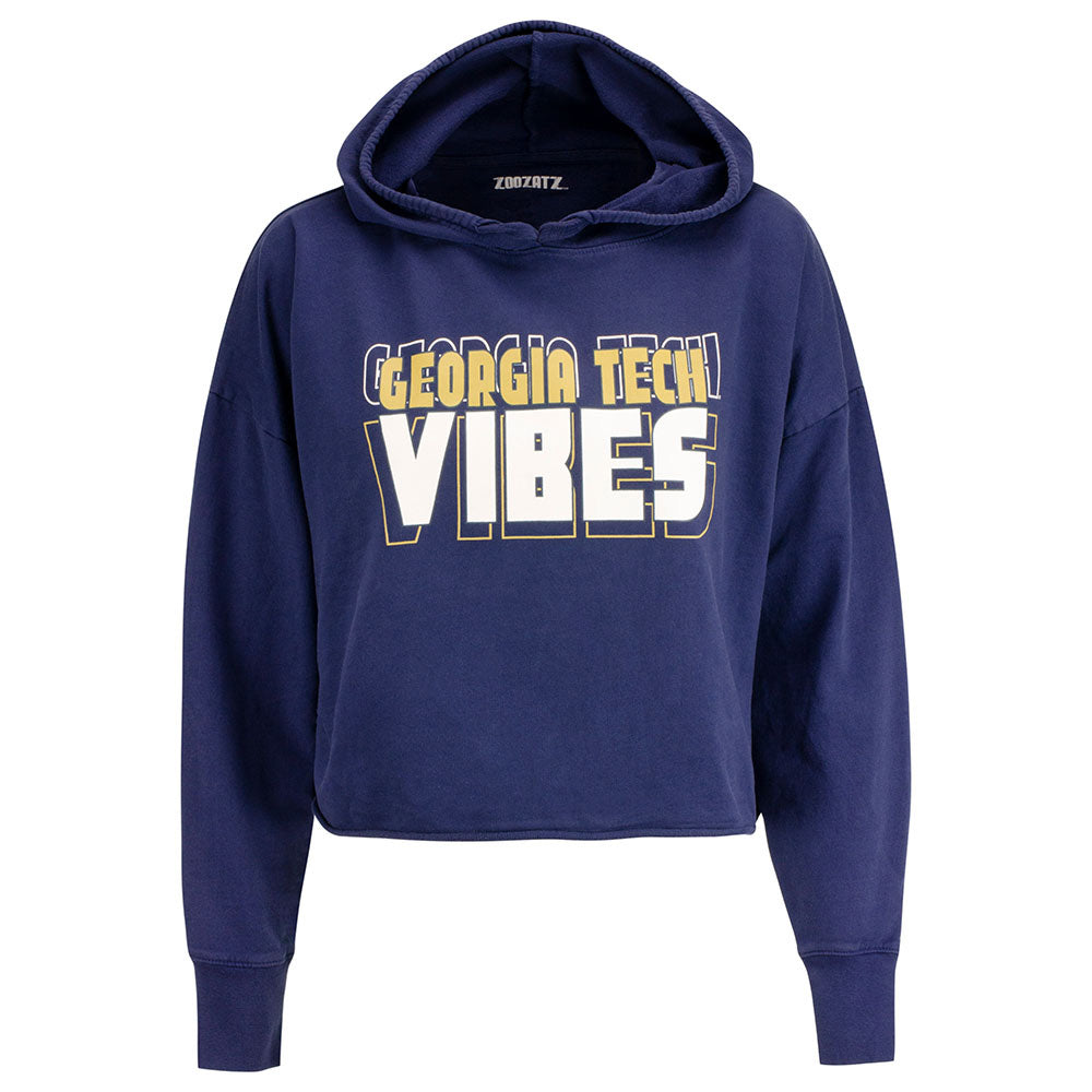 Ladies Georgia Tech French Crop Hood Sweatshirt in Navy - Front View