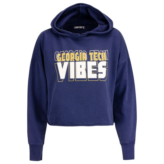 Ladies Georgia Tech French Crop Hood Sweatshirt in Navy - Front View