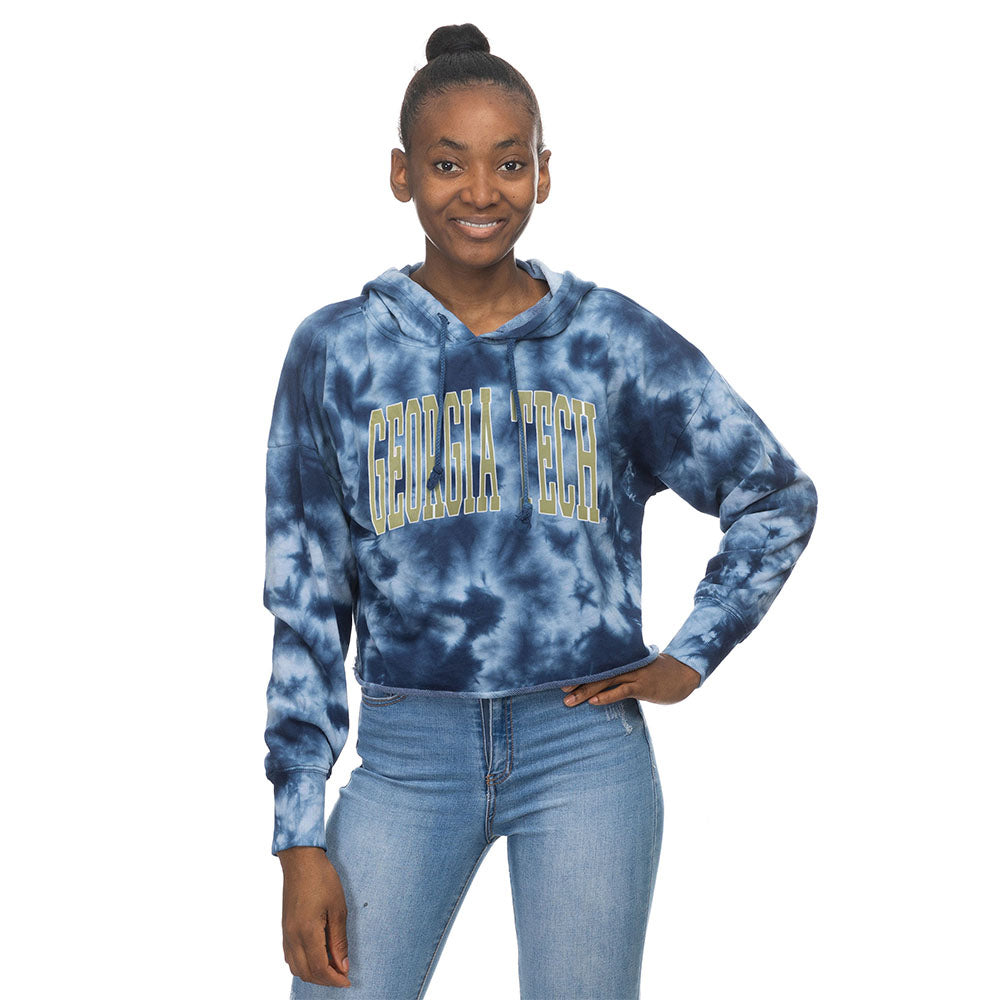 Ladies Georgia Tech Yellow Jackets Cloud Crop Hooded Sweatshirt in Blue - Front View