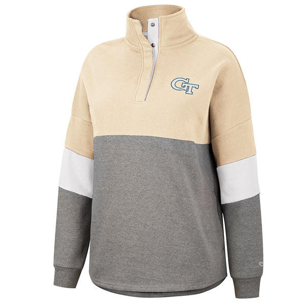 Ladies Georgia Tech Yellow Jackets Magazine Oversize Sweatshirt in Grey and Gold - Front View