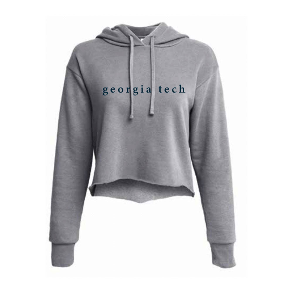 Ladies Georgia Tech Yellow Jackets Hooded Crop Grey Sweatshirt - Front View