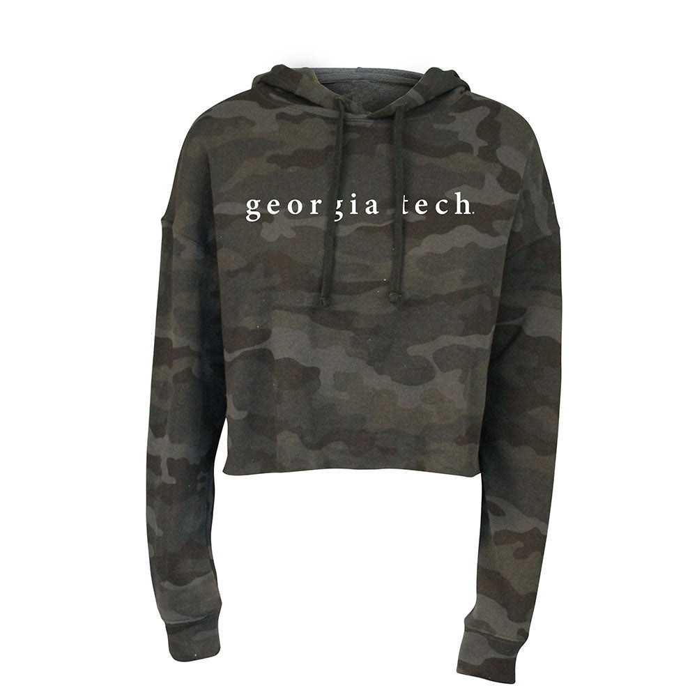 Ladies Georgia Tech Yellow Jackets Hooded Crop Camo Sweatshirt - Front View