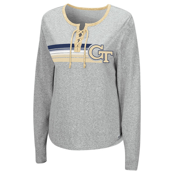 Ladies Georgia Tech Yellow Jackets Sundial Lace Up Long Sleeve T-Shirt in Gray - Front View