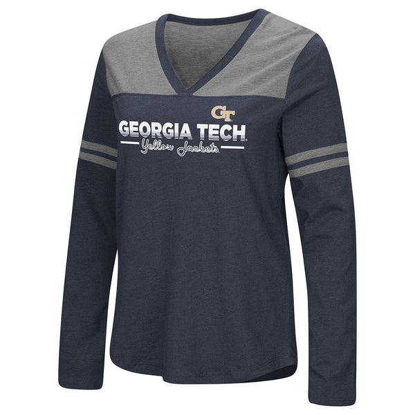 Ladies Georgia Tech Yellow Jackets Heritage V-Neck Long Sleeve T-Shirt in Navy - Front View