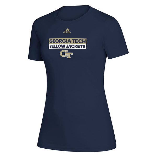 Ladies Georgia Tech Adidas Double Stack Wordmark T-Shirt in Navy - Front View