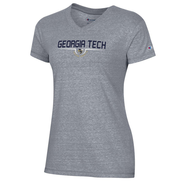 Ladies Georgia Tech Yellow Jackets Trapped Yellow Jacket V-Neck T-Shirt in Gray - Front View