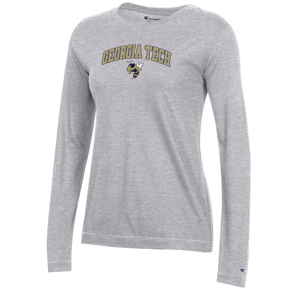 Ladies Georgia Tech Yellow Jackets Curved Yellow Jacket Long Sleeve T-Shirt in Gray - Front View