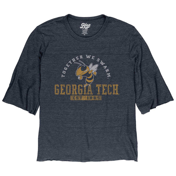 Ladies Georgia Tech Stifle Raw Edge 3/4 Sleeve T-Shirt in Gray - Front View