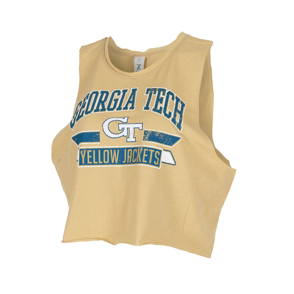 Ladies Georgia Tech Yellow Jackets Arched Muscle Tank in Gold - Front View