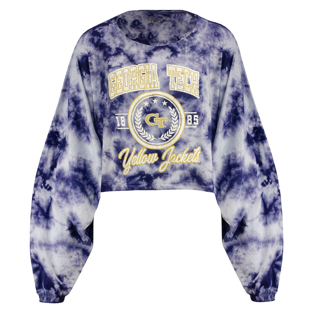 Ladies Georgia Tech Long Sleeve Oversized Cloud Shirt in White and Navy - Front View