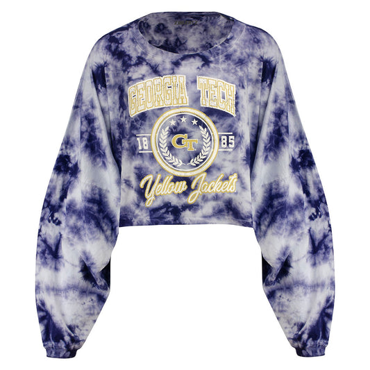 Ladies Georgia Tech Long Sleeve Oversized Cloud Shirt in White and Navy - Front View