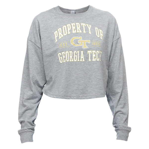 Ladies Georgia Tech Yellow Jackets Crop Long Sleeve T-Shirt in Grey - Front View
