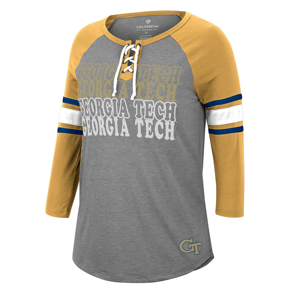 Ladies Georgia Tech Yellow Jackets She Means You Lace Up 3/4 Sleeve T-Shirt in Grey and Gold - Front View