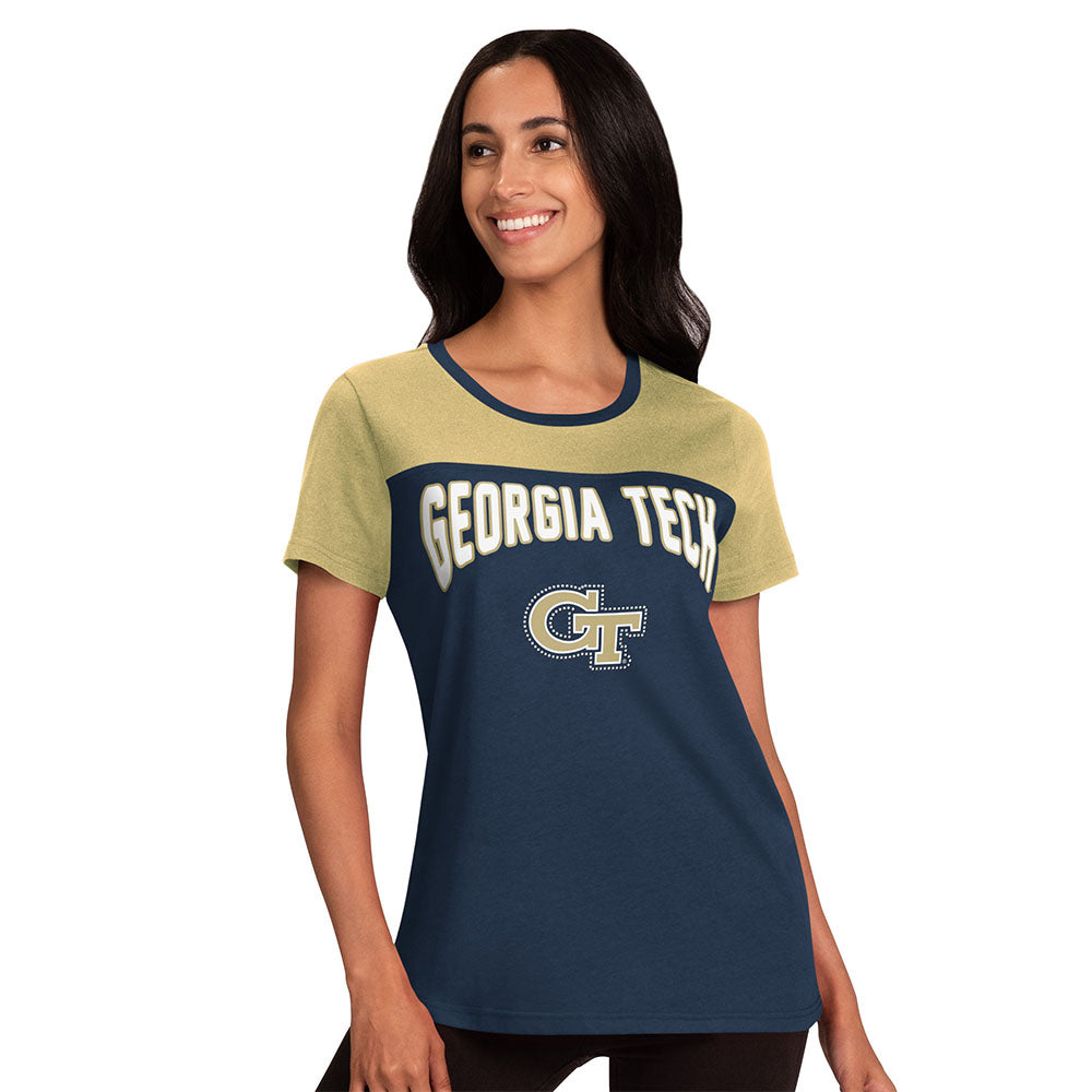 Ladies Georgia Tech Yellow Jackets Box Score Navy T-Shirt - Front View