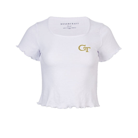 Ladies Georgia Tech Yellow Jackets Baby Rib White Short Sleeve - Front View