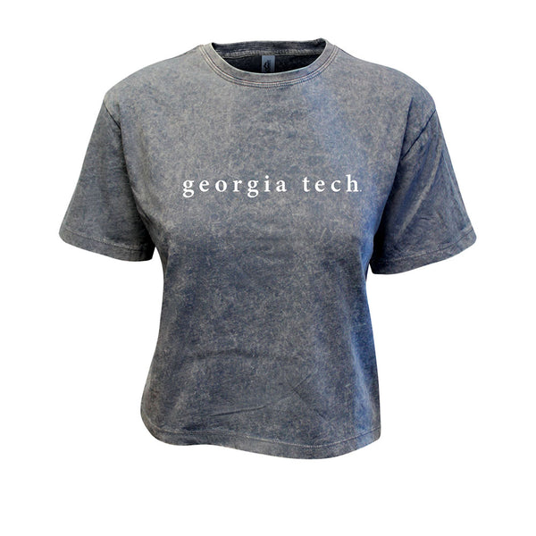 Ladies Georgia Tech Yellow Jackets Kelsey Mineral Wash Crop T-Shirt in Smokey Blue - Front View