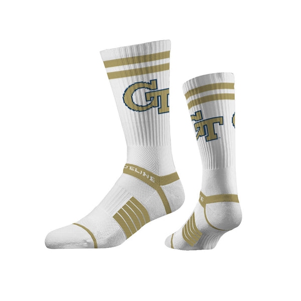 Georgia Tech Yellow Jackets GT Premium Crew Socks in White and Gold - Left View