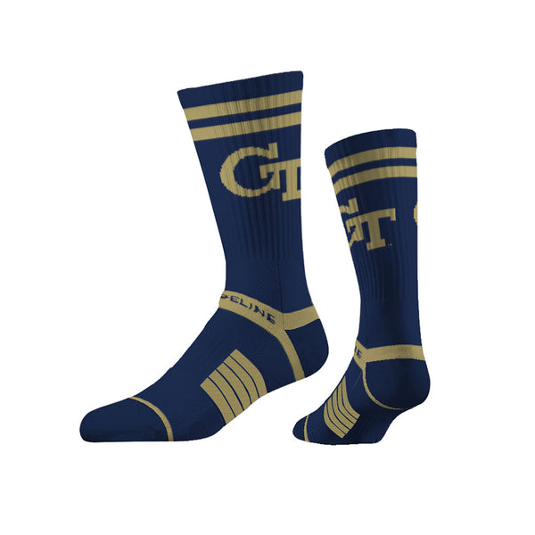 Georgia Tech Yellow Jackets GT Premium Crew Socks in Navy and Gold - Left View