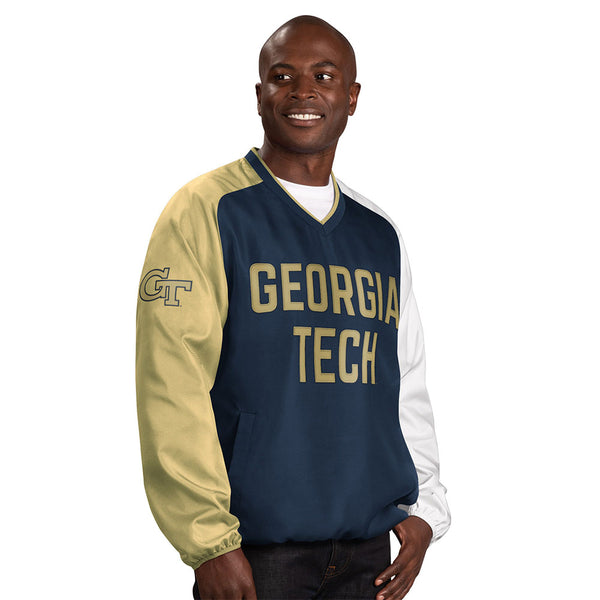 Georgia Tech Yellow Jackets Ace Block V-Neck Jacket in Navy, Gold, and White - Front View