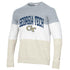 Georgia Tech Yellow Jackets Superfan Distressed Block Crew in Grey, White, and Oatmeal - Front View