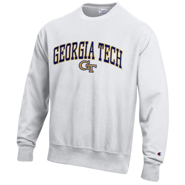 Georgia Tech Yellow Jackets Arched Wordmark Reverse Weave White Crew - Front View