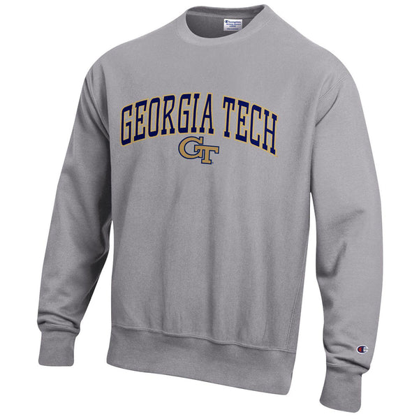 Georgia Tech Yellow Jackets Arched Wordmark Reverse Weave Grey Crew - Front View